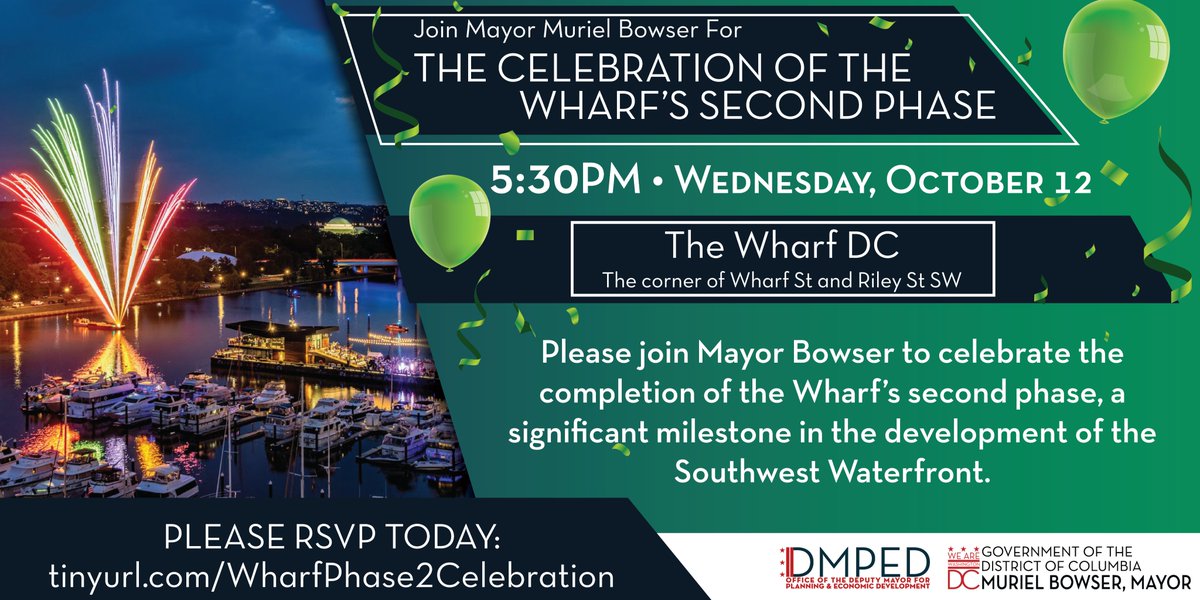 We're excited to announce that the second phase of <a href="/TheWharfDC/">The Wharf</a> is complete &amp; we would like to celebrate with all of our neighbors tomorrow.

Wednesday, October 12
5:30PM

📍(Corner of Wharf St and Riley St SW)
