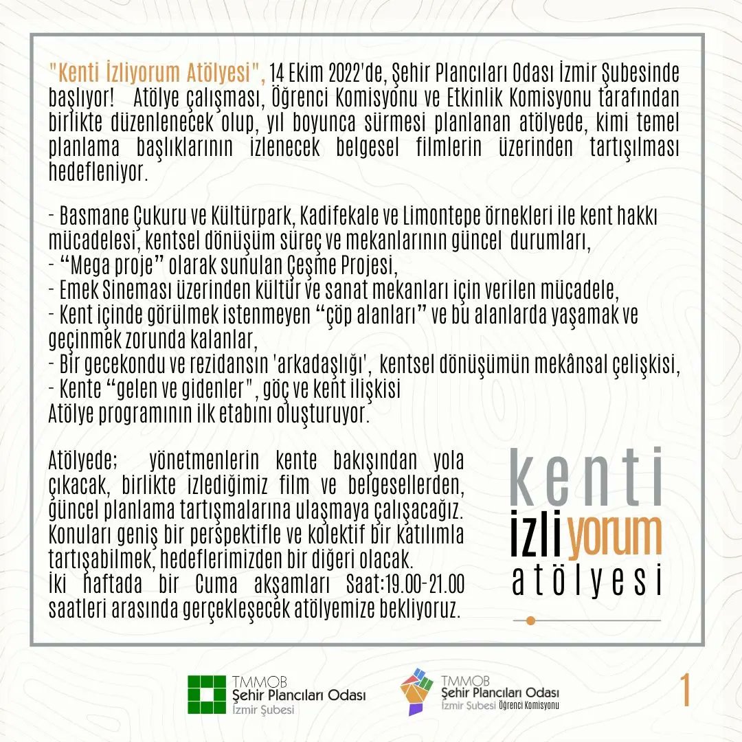 spoizmir's tweet photo. "Kenti İzliyorum Atölyesi", 14 Ekim 2022‘de, Şehir Plancıları Odası İzmir Şubesi‘nde başlıyor!

Ayrıntılar için tıklayınız https://t.co/NnzWkdMZxq https://t.co/dRT7ypOq51