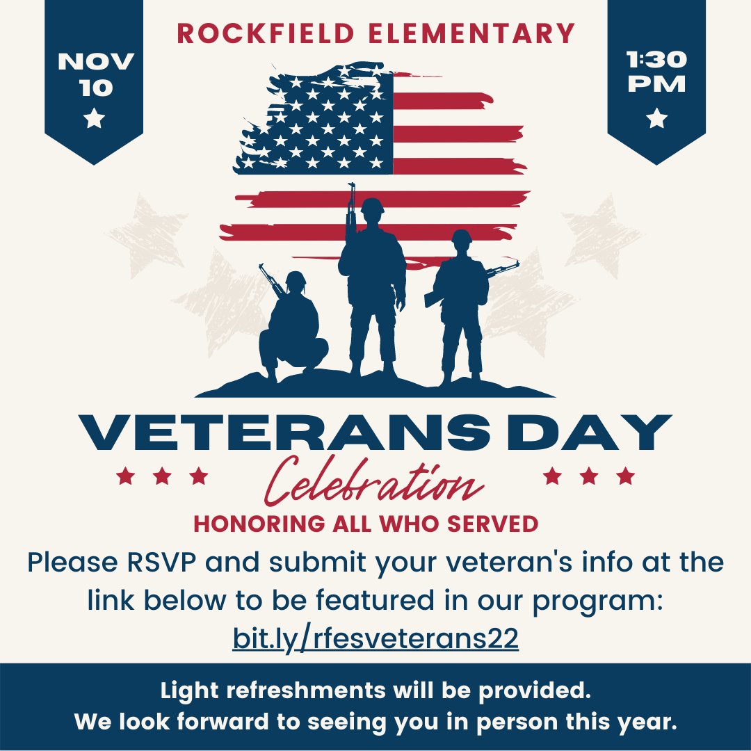 RockfieldE's tweet photo. Join Rockfield in honoring all who served in a Veterans Day celebration on Nov 10 at 1:30. Please RSVP and submit photo &amp; info here: https://t.co/Pd6RdFLuOH. https://t.co/Qq9KW3pIu0