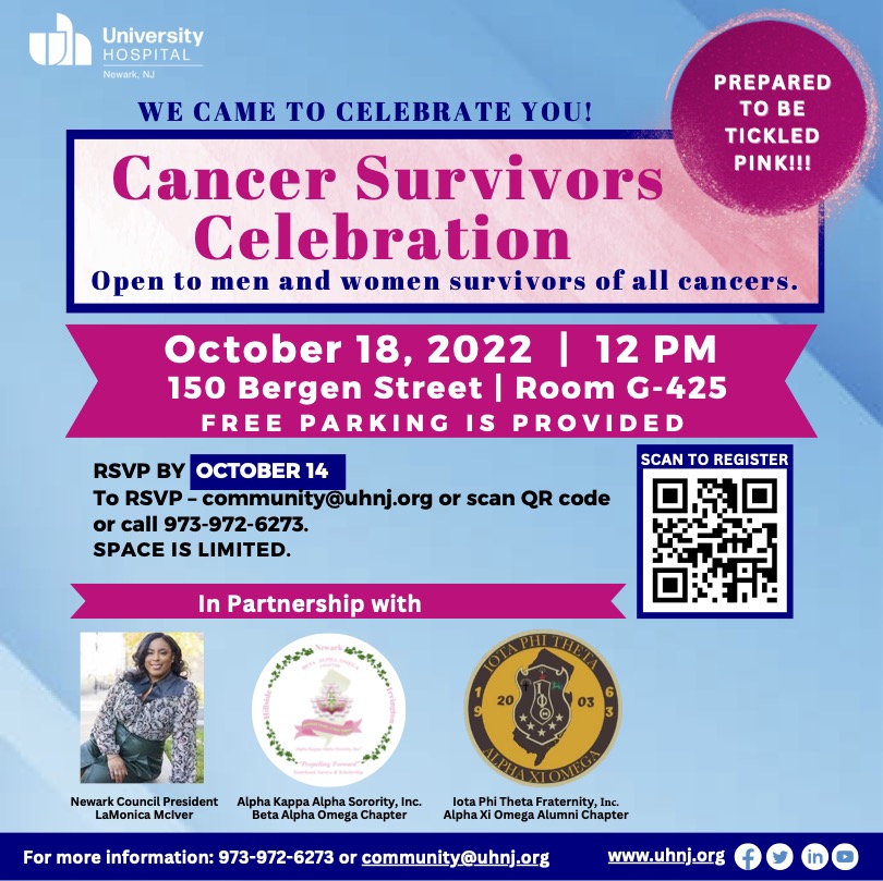 Are you a cancer survivor? If yes, we want to celebrate you! Mark your calendars and join us next week for our UH Cancer Survivor Celebration. This celebratory luncheon is for survivors of all cancers, but space is limited, so email community@uhnj.org by October 14th!