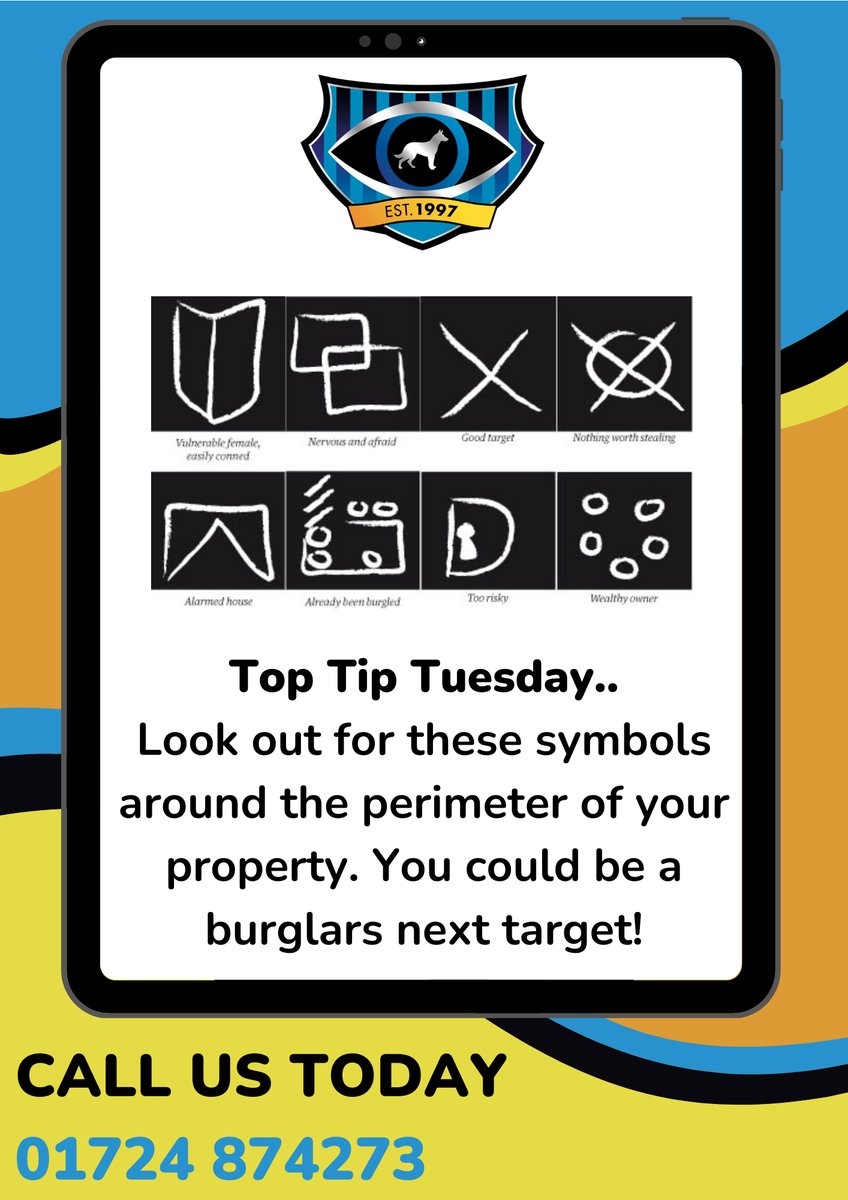 TOP TIP TUESDAY… 

Look out for these symbols around the perimeter of your property. You could be a burglars next target!

Call Eyewatch Security today not 999 tomorrow…