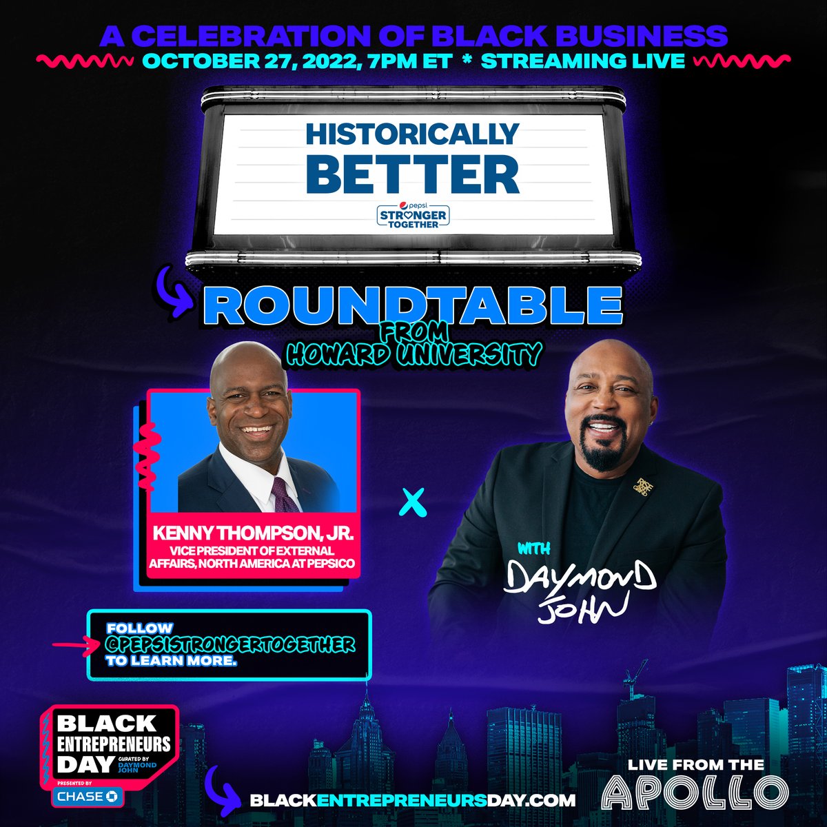 Excited to sit down with Kenny Thompson of @PepsiCo to talk to our future Black leaders from @HowardU School of Business. This special conversation will air live during #BED2022. @PepsiStronger #HistoricallyBetter Click to RSVP & tune in Oct 27th @ 7pm ET dj.daymondjohn.com/BEDRSVP