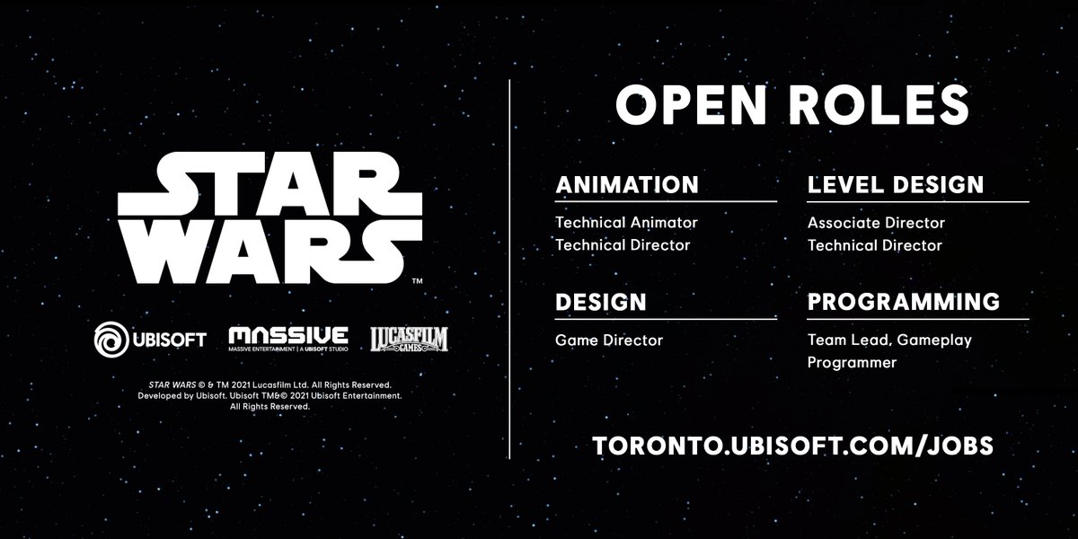 UbisoftToronto's tweet photo. We are looking for seasoned professionals to join the @UbiMassive Star Wars Project! 

Want to join us on this journey? Apply now: https://t.co/IbTF5BQchC

#ubisoft #ubisofttoronto #ubisoftcareers #starwars #gamedev #gamedevcareers https://t.co/ecZ2GikxDf