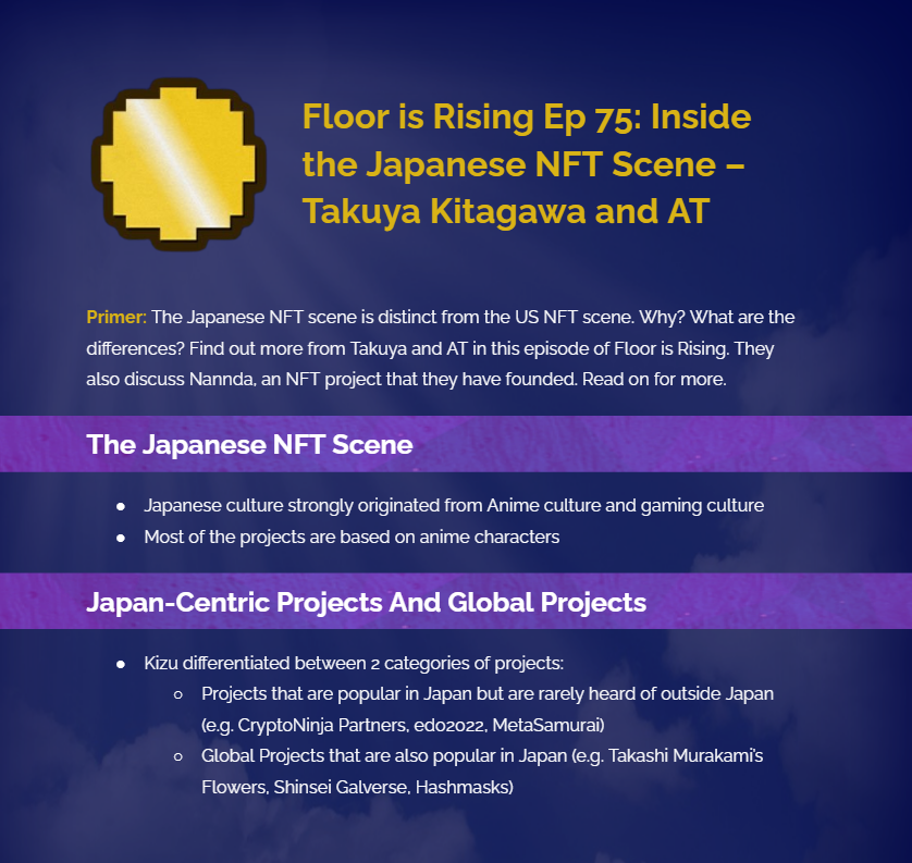In this episode of <a href="/FloorisRising/">Floor is Rising NFT Podcast</a>, hosts <a href="/SabretoothSG/">Sabretooth | Exchequer</a> and <a href="/kaifuku_kizu/">kizu</a> invites <a href="/takuyakitagawa/">Takuya Kitagawa/北川拓也</a> and <a href="/a_t__3_jp/">Arai Takao</a> to share with us their insights on the Japanese NFT scene

Interesting stuff!

Read on 👇