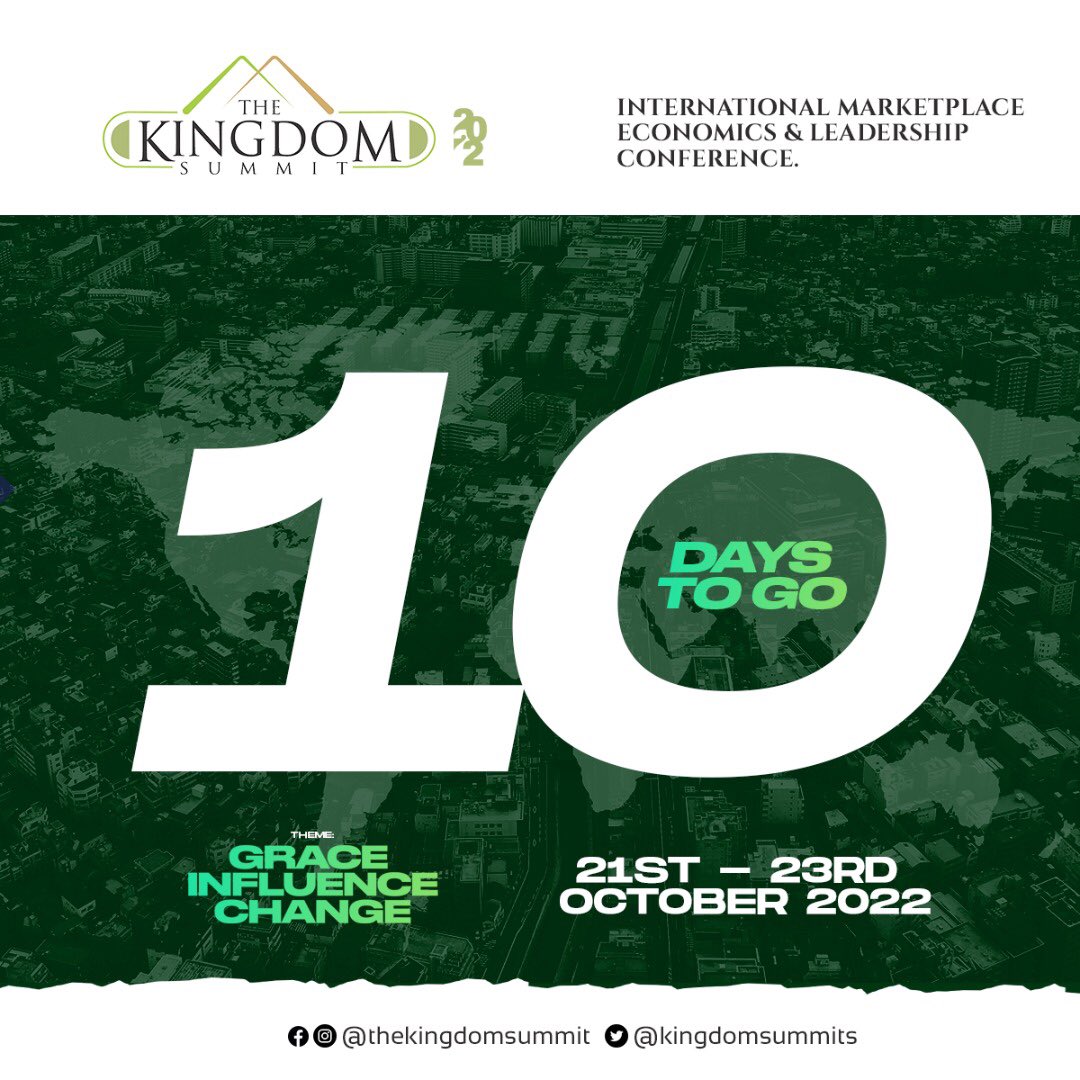 theoasislagos's tweet photo. The Kingdom Summit 2022 is here in 10 DAYS!
GRACE, INFLUENCE, CHANGE.
Mark Your Calendars!
21st to 23rd October 2022.
#GraceInfluenceChange #TheKingdomSummit #TKS #TKS2022 https://t.co/9ddgN55aY4