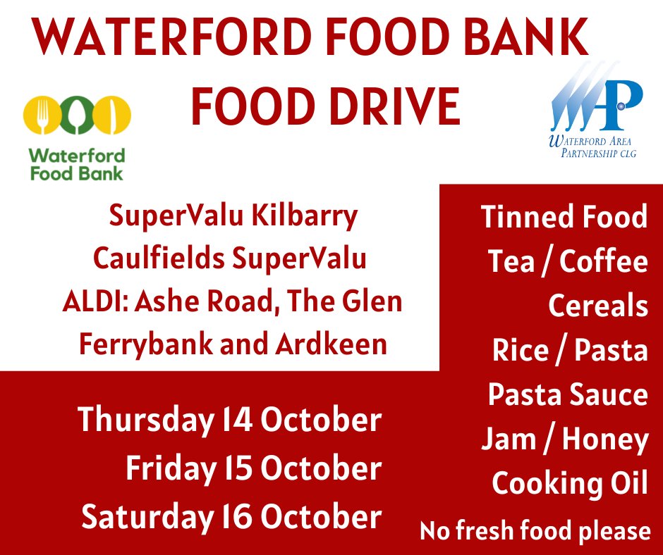 We're holding a food drive this week on Thursday, Friday and Saturday. Please give what you can for people living in food poverty in Waterford. Look out for the trolleys to put your food donation into. (No fresh food please)
We really appreciate your support.
#Waterford
