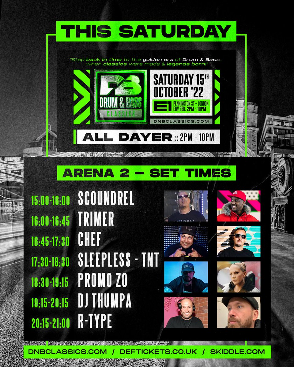 This Saturday in #London it's all about the #DrumandBassClassics All Dayer at @E1LDN 2pm-10pm | 2 Warehouse Arenas featuring the best in #DnBClassics from 1995-2015 💥 deftickets.co.uk 🔊 @DefinitionDnB @junglemaniauk @DjChef @MCToddLah @DnbNews @PromoZO @BestofBritishHQ