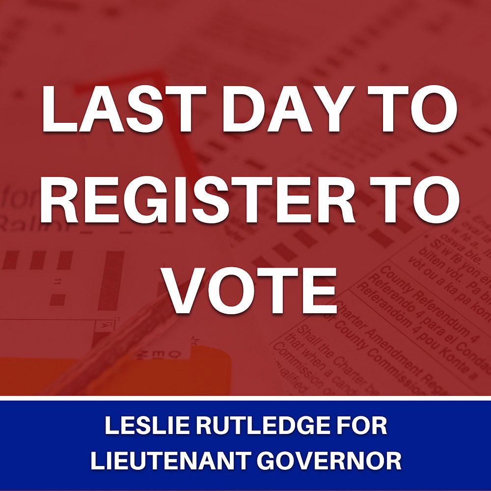 LeslieRutledge's tweet photo. Today is the last day to register to vote! Visit https://t.co/XabLn02Rh5 to see important deadlines, polling places, and how to register. #LR4LG https://t.co/IEIojbtcSX