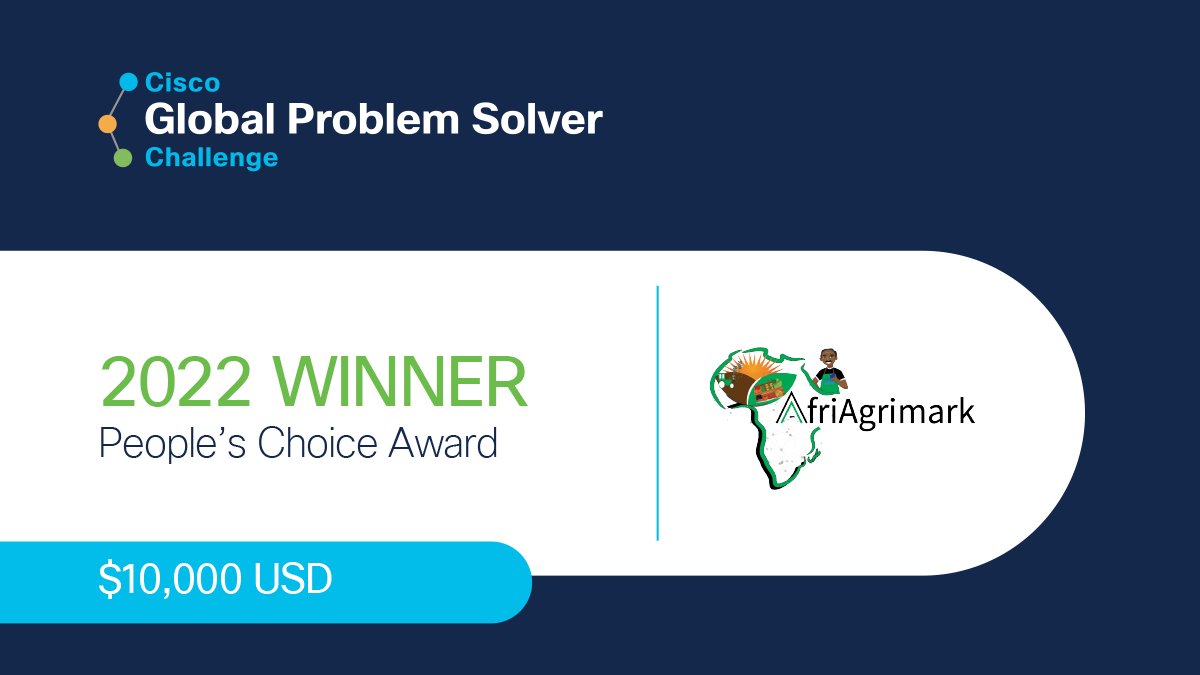 Cisco Global Problem Solver Challenge (@ciscochallenge) on Twitter photo β¨ Congrats to <a href="/afriagrimark/">Afriagrimark Ltd</a> from Kenya for winning the $10,000 USD People's Choice Award!
π Winning Solution: Geo-location marketplace using distributed ledger & Machine Learning to connect farmers, truck drivers & vendors. #GlobalProblemSolverChallenge
ow.ly/hAxq50L7esp β¨ Congrats to <a href="/afriagrimark/">Afriagrimark Ltd</a> from Kenya for winning the $10,000 USD People's Choice Award!
π Winning Solution: Geo-location marketplace using distributed ledger & Machine Learning to connect farmers, truck drivers & vendors. #GlobalProblemSolverChallenge
ow.ly/hAxq50L7esp