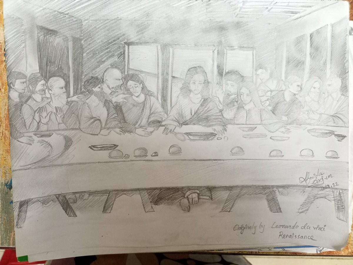 AfridaBd's tweet photo. the drawing of 'The Last Supper' i tried this drawing of Leonardo da vinci  #leonardodavinci #thelastsupper #sketching https://t.co/zb4kKUIfFF