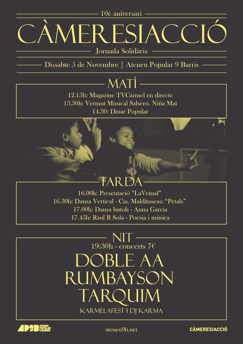🎉 El 5 de Novembre celebrem els #10anysCameresiAccio 

💃Vine a celebrar-ho a l’<a href="/ateneu9b/">AteneuPopular9Barris</a> amb una jornada plena d'activitats.

🔥TV en directe, dj's, poesia espectacles i concerts.

👇🏾Més info👇🏾
shorturl.at/kmqIW