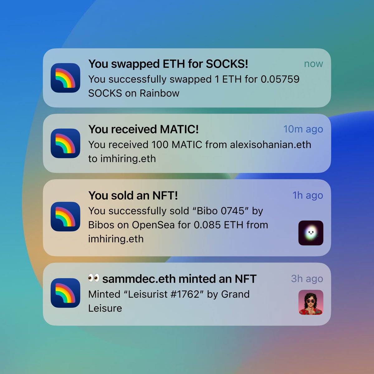 ⏰ NOTIFICATIONS ARE LIVE ON RAINBOW ⏰

⚡ FAST—know what happens the *instant* it’s confirmed on chain

😊 SIMPLE—sends, receives, swaps, mints, approvals, ENS expirations and more, all easy to read

👀 SEE EVERYTHING that happens in your wallet and the wallets you’re watching!