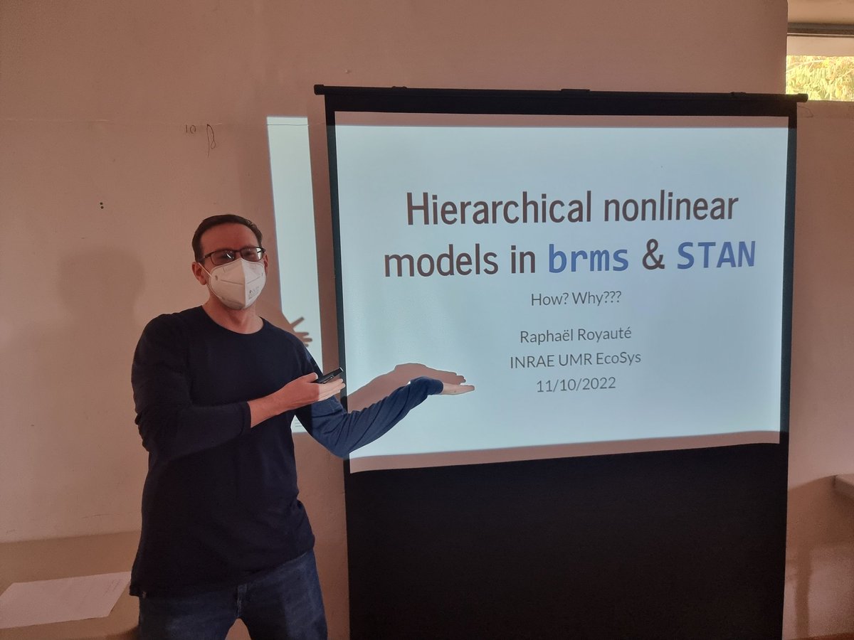 SQuID_Group's tweet photo. @RRoyaute giving the 2nd evening lecture in the @SQuID_Group Montpellier workshop on hierarchical "nonlinear" models https://t.co/oDlbiQ60q4