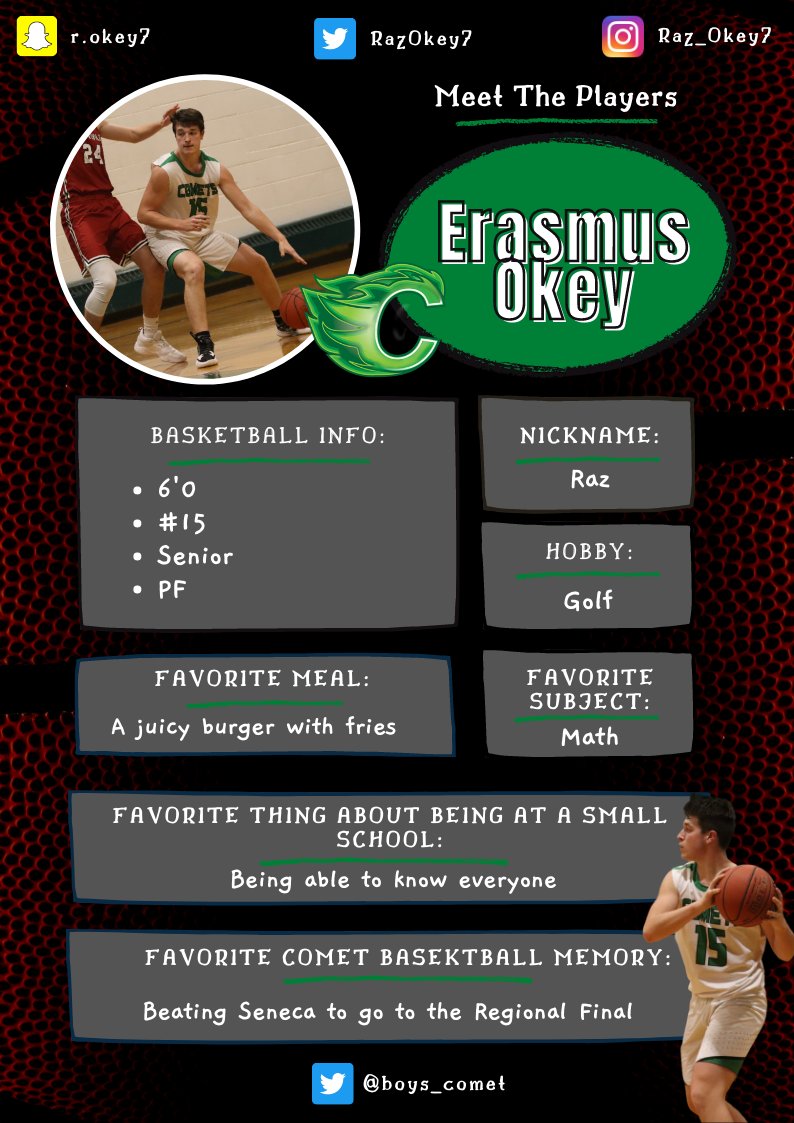 As the season approaches, we'll be sharing some information about our players to help everyone get to know our Comet Basketball Team!