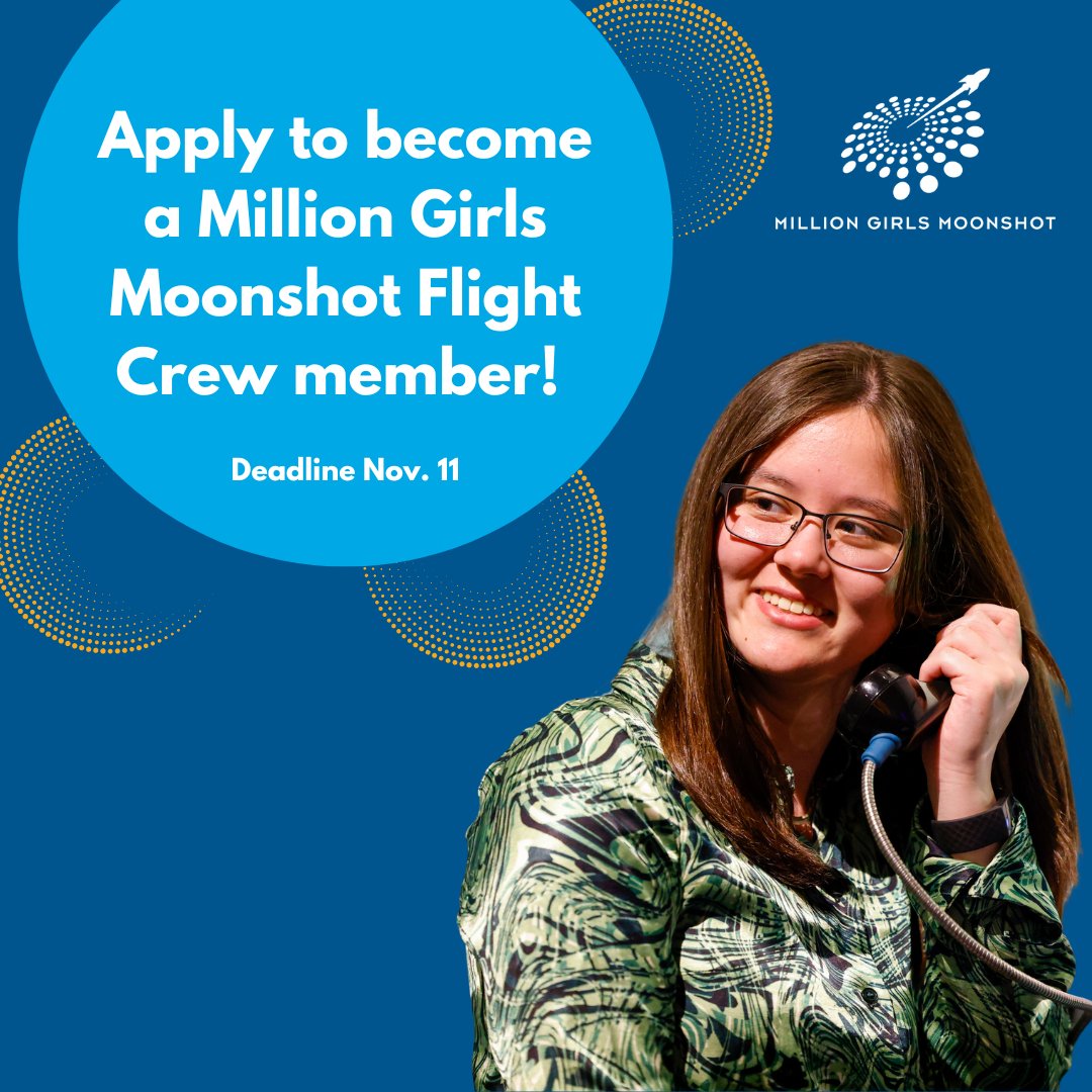STEMNext's tweet photo. The @girlsmoonshot Flight Crew application is OPEN! Encourage girls that can speak to overcoming barriers in your region to apply. The Flight Crew will give voice to the importance of STEM learning. Apply here: https://t.co/XzLyzuHfyf
#GirlsLeadSTEM https://t.co/lhdJlgWcN3