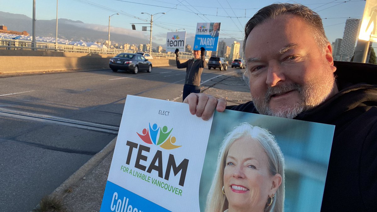 Morning #RushHour in #Vancouver Lits of supportive waves and toots! <a href="/vote4team/">TEAM for a Livable Vancouver</a> <a href="/CllrHardwick/">Colleen Hardwick</a> <a href="/SeanNardi_YVR/">Sean Nardi</a> <a href="/BillTieleman/">Bill Tieleman</a> <a href="/GracequanVan/">Grace Quan</a> <a href="/CletaBrown4Van/">Cleta Brown</a> <a href="/604Param/">Param Nijjar</a> <a href="/TriciaBarker49/">Tricia Barker 🇨🇦🏴󠁧󠁢󠁳󠁣󠁴󠁿</a> <a href="/klarsenTEAM/">Kathleen Larsen</a> @VanCityMichelle <a href="/DrMatiul/">Matiul Alam</a> <a href="/parksboardfacts/">Park Board Facts</a> <a href="/kumikimura/">kimura kumi</a> #vanpoli