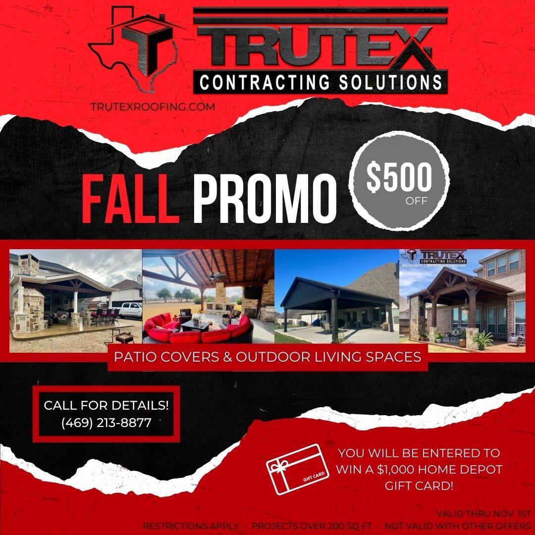 TRUTEXroofing's tweet photo. Another #TRUTEXPatioCover has gone up!
It's not too late to get in on our FALL PROMO and be entered to win the $1,000 Home Depot gift card!
'WE'VE GOT YOU COVERED!'
(469)-213-8877
https://t.co/zpqCn91cyk
#TRUTEXContractingSolutions #TRUTEXPatios #FallPromo #EnterToWIN https://t.co/SCBGfCzYWg