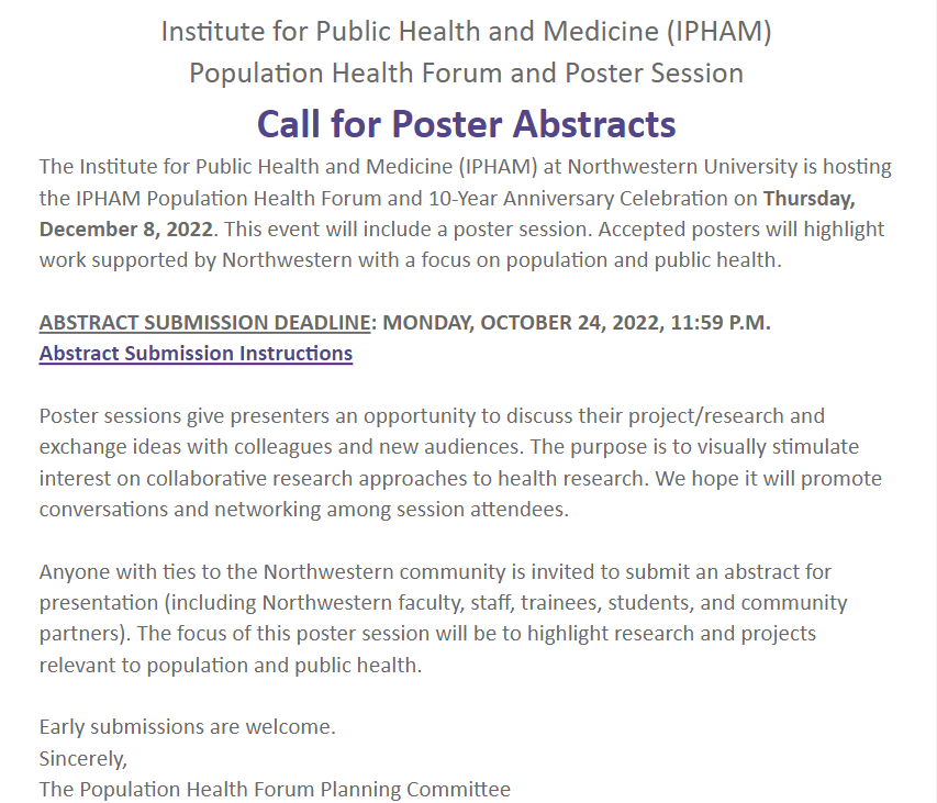 FSMStudentResearch (@fsmscholars) on Twitter photo Please consider submitting an abstract by Oct. 24th to the <a href="/nu_ipham/">Public Health & Medicine (IPHAM) @NorthwesternU</a> 10 year anniversary celebration! FSM student research will cover poster printing costs for all <a href="/NUFeinbergMed/">Northwestern Feinberg School of Medicine</a> students!
Learn more: tinyurl.com/47c7jaeu Please consider submitting an abstract by Oct. 24th to the <a href="/nu_ipham/">Public Health & Medicine (IPHAM) @NorthwesternU</a> 10 year anniversary celebration! FSM student research will cover poster printing costs for all <a href="/NUFeinbergMed/">Northwestern Feinberg School of Medicine</a> students!
Learn more: tinyurl.com/47c7jaeu