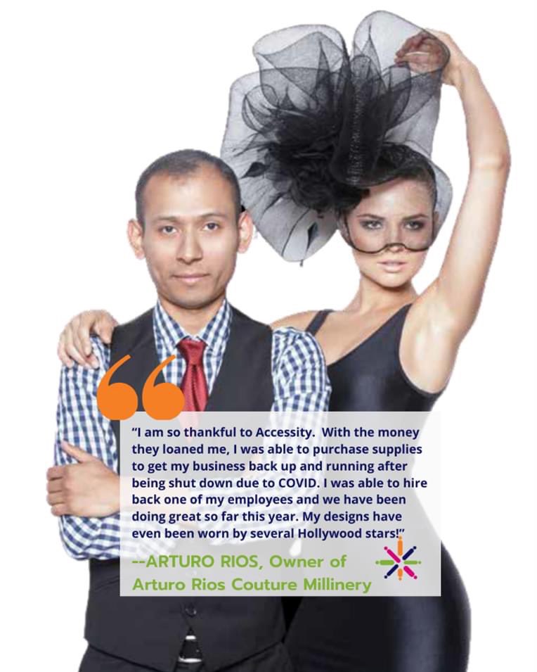 Accessityorg's tweet photo. Today’s AFB Spotlight is on Arturo Rios, a hat designer in Los Angeles. He has worked with celebrities like Jennifer Lopez, Cardi B, Lady Gaga (as seen in second photo), Katy Perry, Rihanna etc. Arturo came to Accessity for a Covid-19 relief loan to help his business stay afloat. https://t.co/8SUf3XKNOG