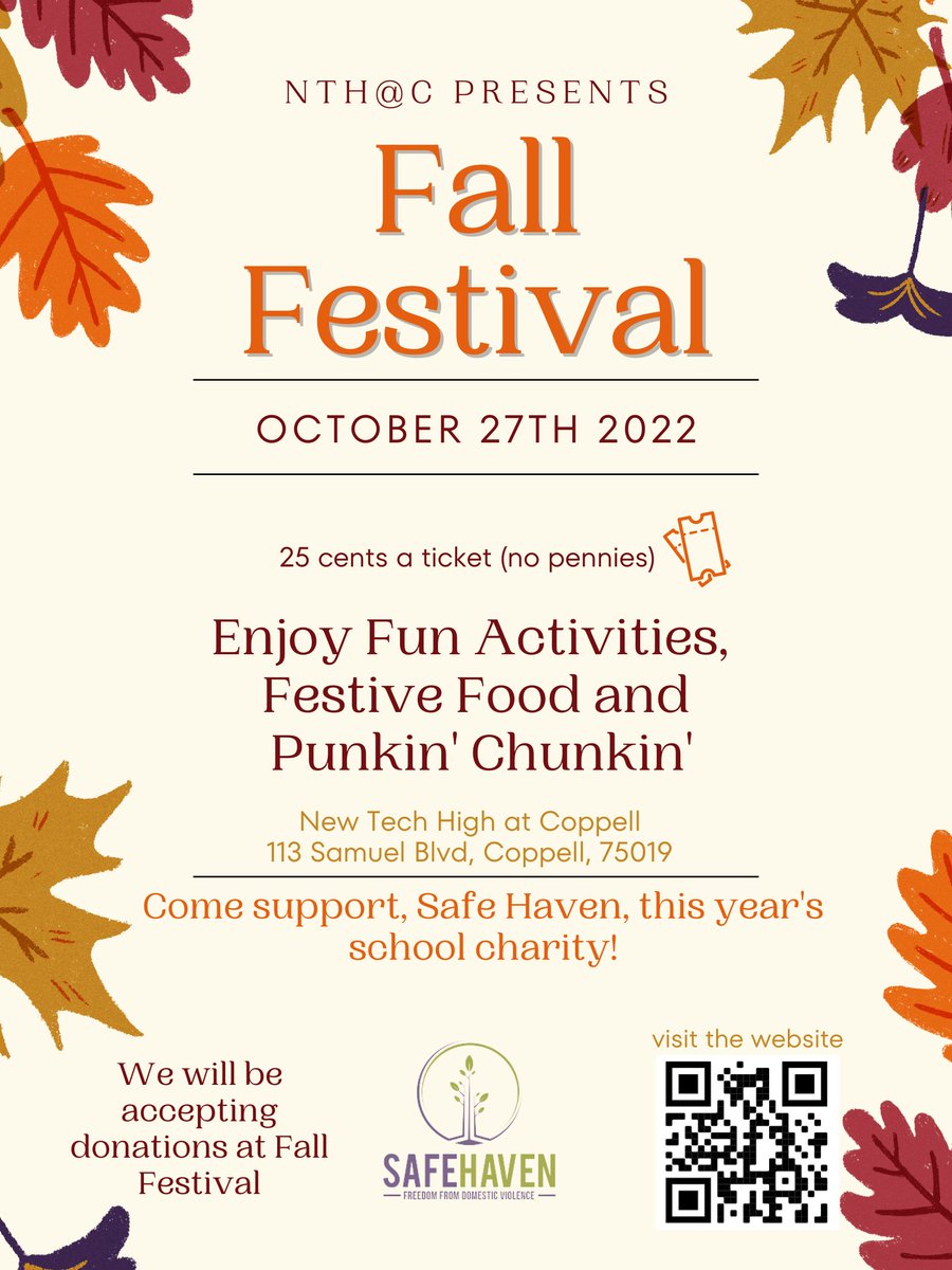 NewTech_NTC's tweet image. What&apos;s more festive than Fall Festival?! NTH@C is having our annual Fall Festival on October 27th! Come support Safe Haven and enjoy family fun!🎃🍂🍿