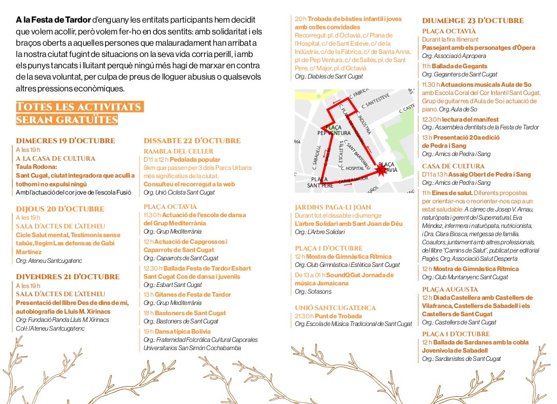 FestadeTardor's tweet photo. Avui publiquem la programació d'activitats de la Festa de Tardor 2022! #SantCugat

Us esperem al tret de sortida de la festa Dimecres 19 d'Octubre, a les 19h a la Casa de Cultura per la Taula Rodona!

@cugatmedia @totsantcugat @elCugatenc @NacioSantCugat https://t.co/Ca8dMndJrh