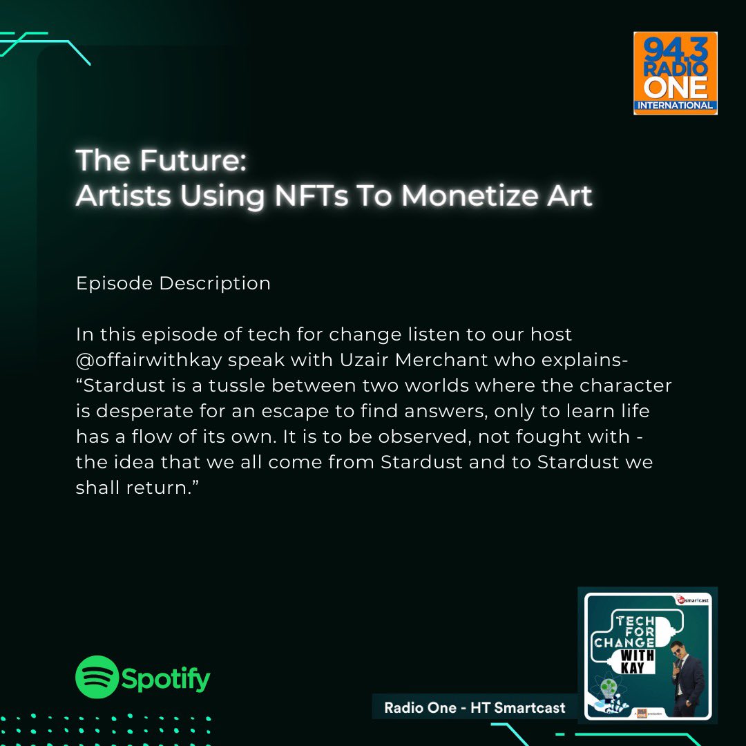 Kri8Labs's tweet photo. Listen to the @spotify Podcast Episode of 'Tech for Change with Kay' exclusive with @uzairmerchant where he shares his journey into creating History with his multiple award winner and one-of-a-kind, futuristic music video STARDUST
https://t.co/waxjneo4nF
#kri8 #uzairmerchant https://t.co/ZXZpWup79b