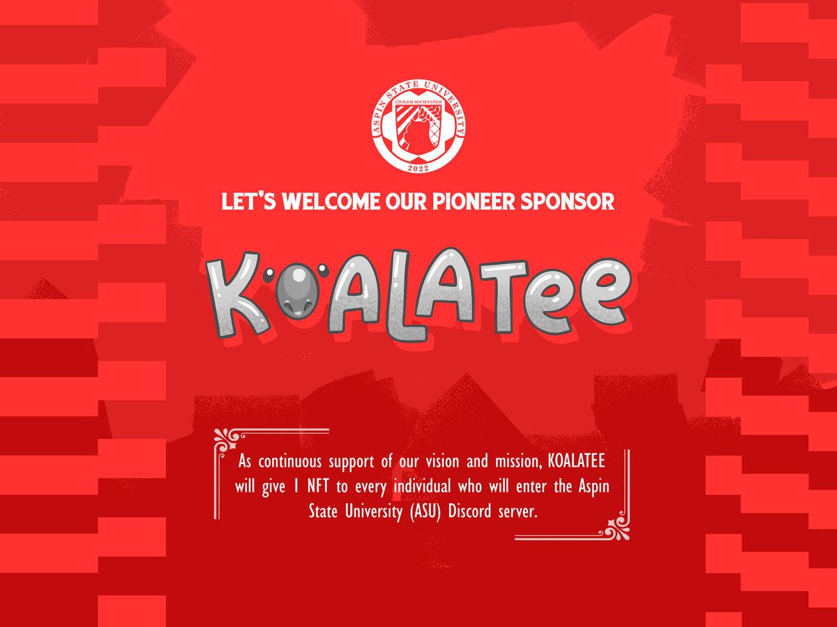 ASU is proud to present our pioneer sponsor <a href="/KoalateeNFT/">Koalatee</a>! 🥳

They will be helping us promote the vision and mission for this charitable project 🤗. 

Follow them: <a href="/KoalateeNFT/">Koalatee</a>
Join their discord: discord.gg/8Wf3dbRh