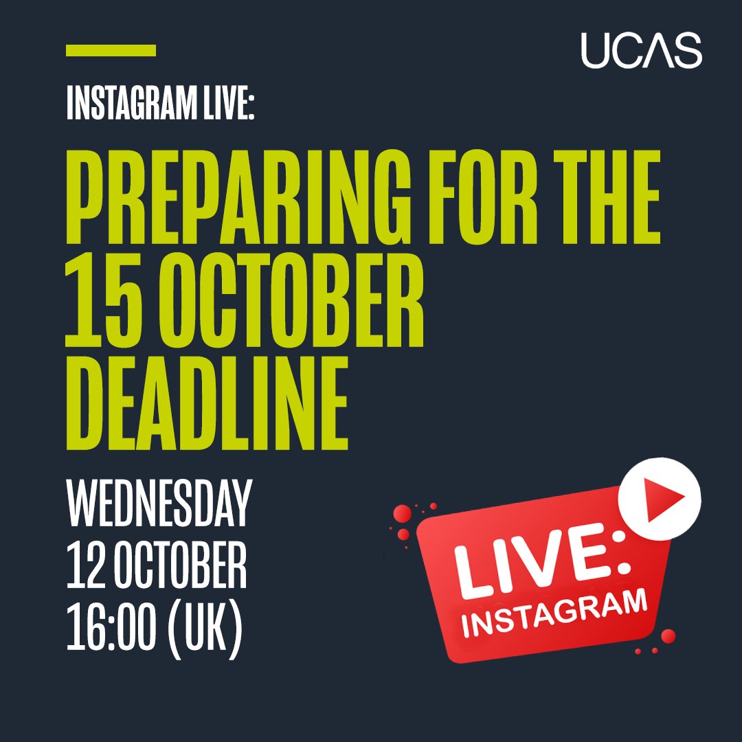 ucas_online's tweet photo. 🚨 Last minute application advice 🚨
Join us live on Instagram tomorrow for some last-minute 15 October application advice from Courteney, our UCAS application expert.

Set your reminder to join us from 16:00 👉 https://t.co/G5Qpa2OMFW https://t.co/ZxjimwAB79