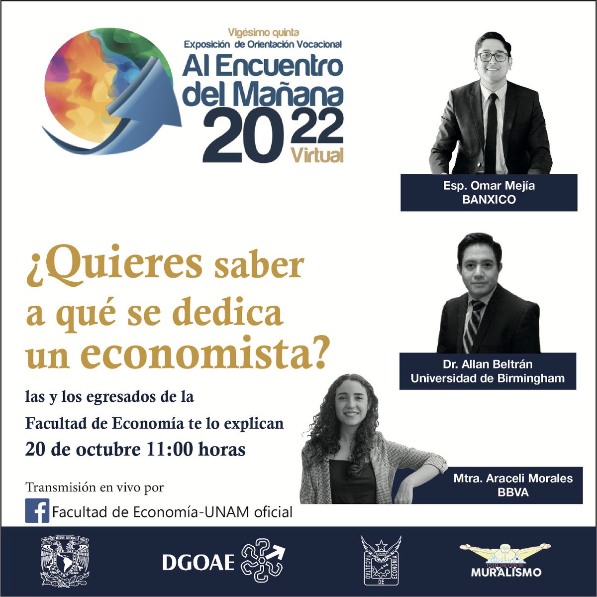 FEconomiaUNAMof's tweet photo. Te invitamos a la plática ¿Quieres saber a qué se dedica un economista? las y los egresados de la Facultad de Economía te lo explican
Este jueves 20 de octubre a las 11 horas
Transmisión vía Facebook Live
@depfeunam @suayedEconomia @pueeunam @AlumnosEconomia @dgoae https://t.co/hITFPTME4R