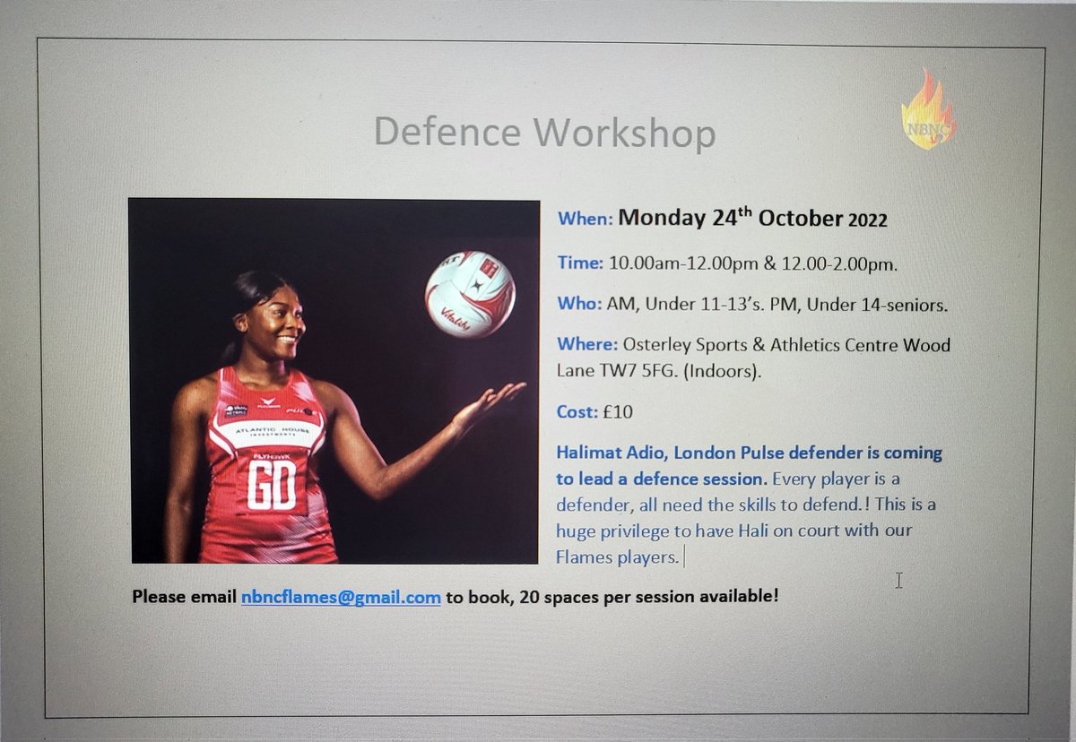 NBNCFlames's tweet photo. Defence workshop, lead by Halimat Adio London Pulse and England defender. #fewspacesleft #mustbequicksellingfast https://t.co/kEcaBbFiPV