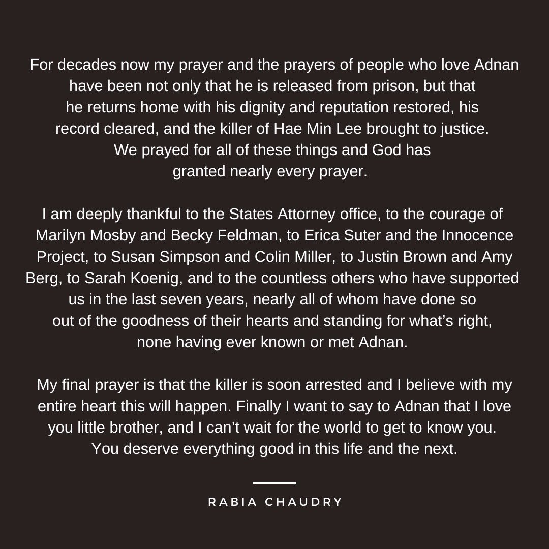 My statement on the news that all charges have been dropped against Adnan ❤️