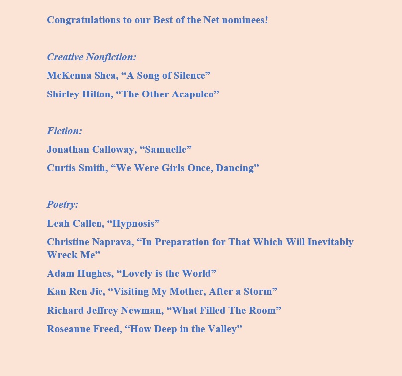 ContraryMag's tweet image. Congratulations to our Best of the Net nominees, McKenna Shea, Shirley Hilton, Jonathan Calloway, Curtis Smith, @LeahJCallen, @CNaprava, @adamhughespoet1 , Kan Ren Jie, @richardjnewman , and Roseanne Freed!

Please go to ContraryMagazine.com to read these works! #writerslift