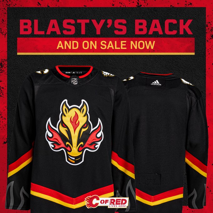 Blasty jersey graphic announcing it is on sale now at all CGY Team Store locations and online