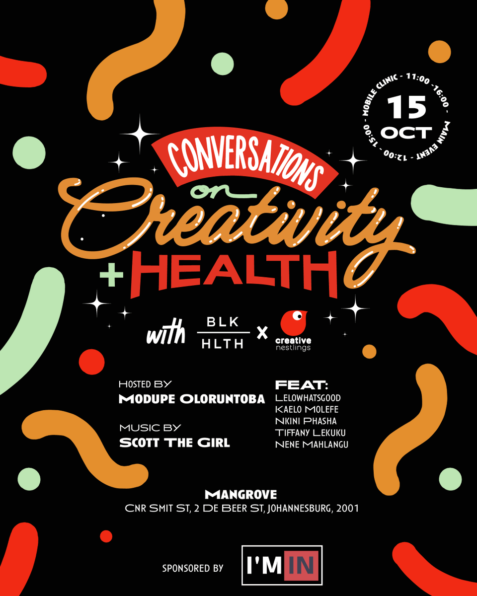 creativenestlin's tweet photo. Introducing our speakers for this Saturday's #ConversationsonCreativity & Health with @blkhlth & @iminaccelerator.
Host: @drivingmsdupsie
Speakers: @NeneMahlangu @lelowhatsgood Tiffany Lekuku, Nkini Phasha, Kaelo Molefe.
Music @Zamzam_24
RSVP: https://t.co/8rSZw8bwnO https://t.co/0006xHVqSf
