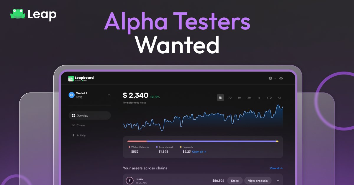 leap_wallet's tweet photo. 🔥 Cosmos Dashboard Alpha testers required 🔥

Across 20+ @cosmos chains:
📈 Track portfolio
💰 View assets
💸 Stake &amp; claim rewards
🗳️ Vote on gov proposals
🔔 Get notified on txs

First 50 RTs get early access 🐸

Wanna be an alpha tester? Senddd it 🚀 https://t.co/ODIeGeCJIH