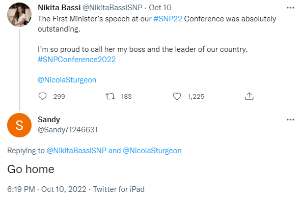 indy_swim's tweet photo. Baroness Runaway Ruth keeps being sarcastic about independence supporters being "civic and joyous". I wonder what she thinks of the "civic and joyous" British nationalism displayed here by a racist towards Nikita Bassi, Nicola Sturgeon's staffer?
#SheIsHome https://t.co/E09Sp1jVYn
