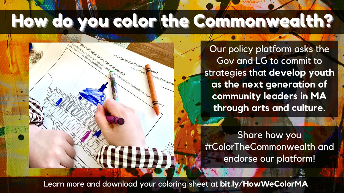 CreateTheVoteMA's tweet image. Our #CTVMA2022 policy platform asks the Gov and LG to commit to strategies that develop youth as the next generation of community leaders in MA through arts &amp;amp; culture. Share how you #ColorTheCommonwealth &amp;amp; endorse our platform bit.ly/HowWeColorMA #mapoli #CreateTheVoteMA