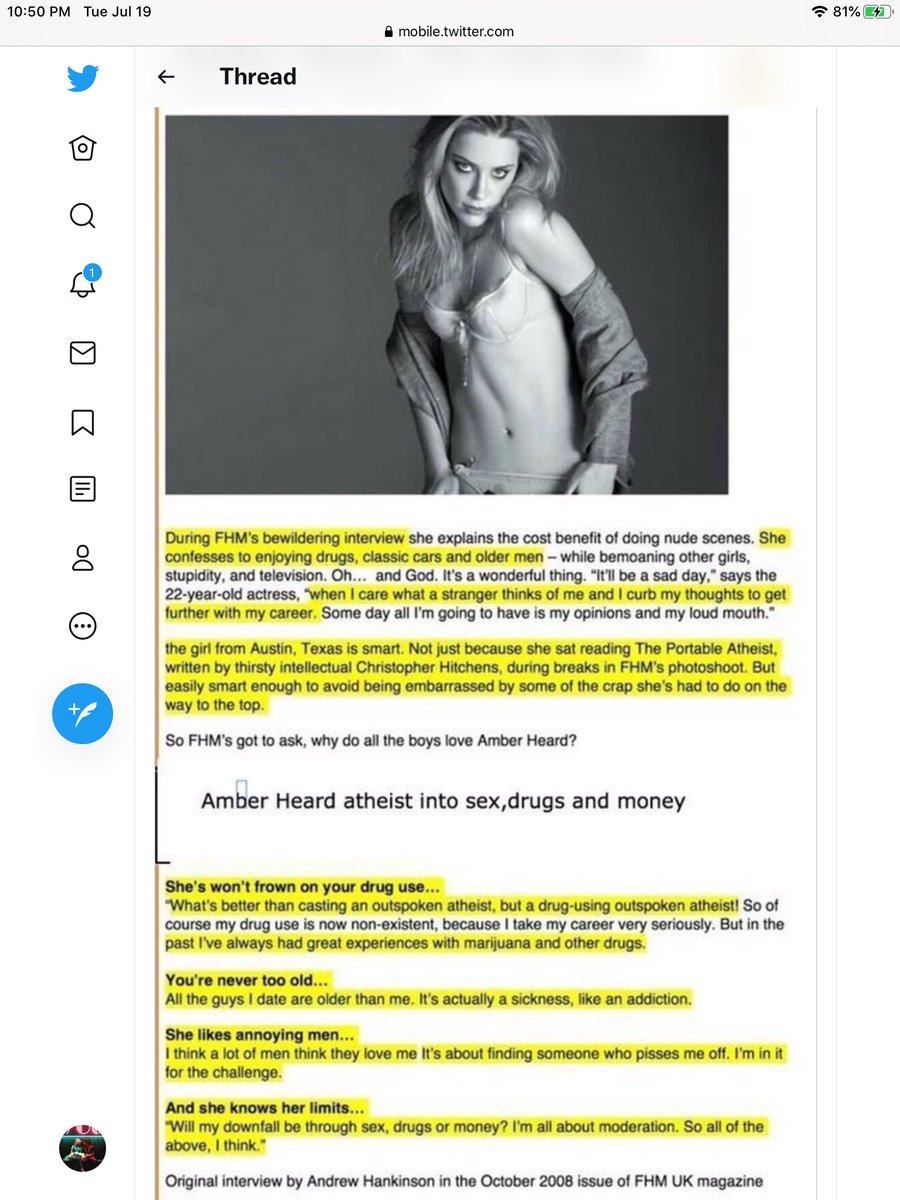 Itsjustforme777's tweet photo. @Beatrix32021692 Amber 2008 interview, 22 yr Atheist Amber Heard loves Sex, Drugs, Money, &amp; Older Men! Yet you’re making sound like a “pure innocent Catholic School” girl! 😂 #YouFail https://t.co/A98XlvSEbR