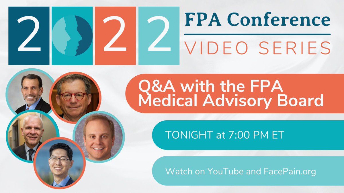 facialpainassoc's tweet photo. Join us tonight at 7pm as members of the FPA Medical Advisory Board answer questions related to all kinds of neuropathic facial pain.
FPA Website: https://t.co/WlOfIV6FnP
FPA YouTube: https://t.co/fOOa7E59Zu
#FacialPainAwareness #MedicalAdvisoryBoard #FaceTodayTogether https://t.co/Zwgsn0ILnI