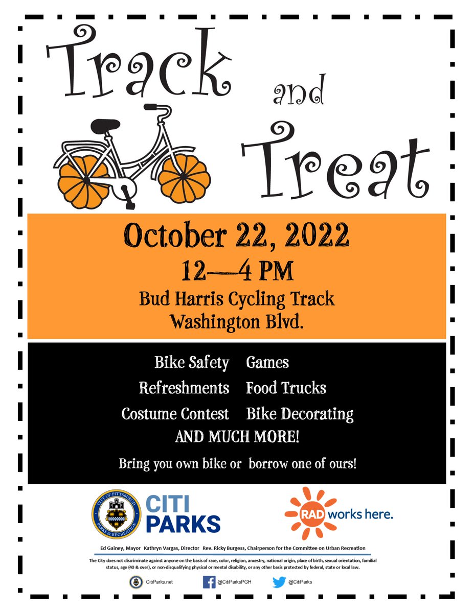 CitiParks's tweet photo. This is going to be SPOOK-TACULAR!!!

Track &amp; Treat at #Pittsburgh’s Bud Harris Cycling Track in historic #HighlandPark!
Saturday, October 22, 2022
Noon to 4PM

Bring your own bike or borrow one of ours and be sure you’re dressed for the costume contest!

@radworkshere https://t.co/9zk8Hlyrqm