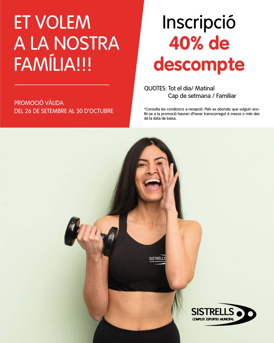 Cem_sistrells's tweet photo. Et volem a la família! 40% de descompte a la inscripció

#cemsistrells #cemsistrellsbadalona #sistrells #badalona #bdn #Barcelona #BCN #gym #fitness #centreesportiu #activitats #activitat #salut #promoció #promo #oferta #descompte #descomptes #inscripció #gym #esport #octubre https://t.co/Uajas13Bra