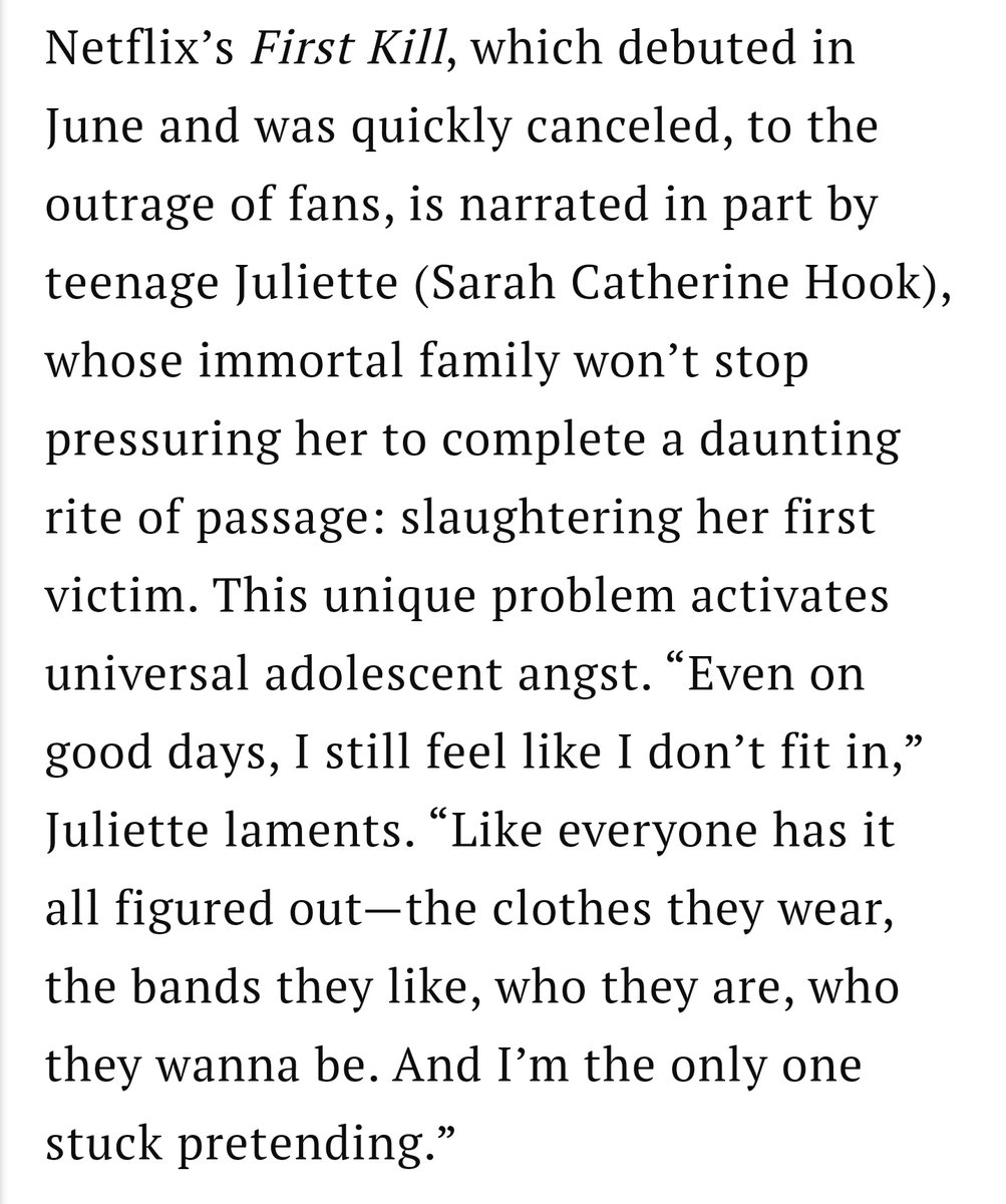 mlesherr's tweet image. First Kill is mentioned in a Times article about vampires.
Can't believe you cancelled your vampire unique show @netflix @reedhastings #savefirstkill 

Vampires Are Taking Over Pop Culture Again—But This Time, the Monster Is Us
time.com/6220602/vampir…
