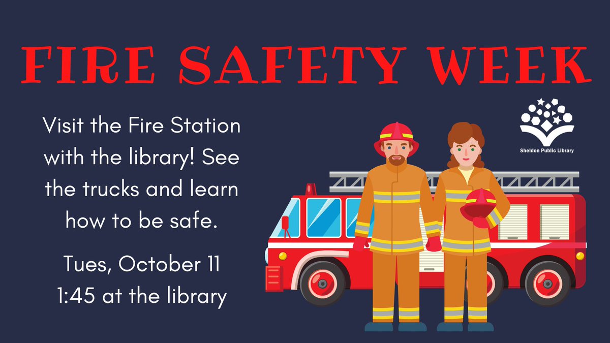 SheldonLibrary's tweet image. Join us this afternoon at 1:45 pm as we visit the fire station! We will meet at the library. 
#firesafetyweek #firesafety