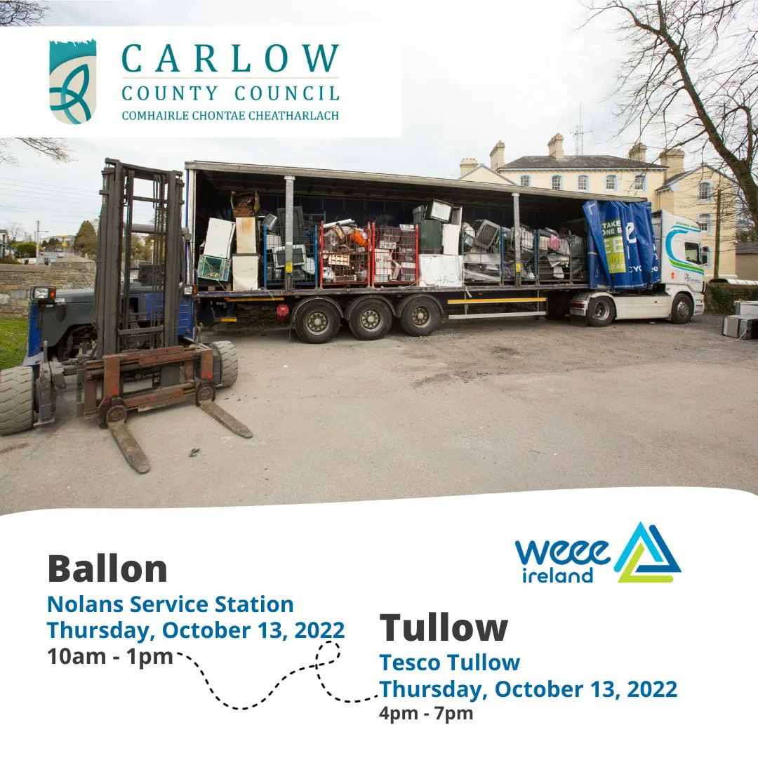 A Free <a href="/WEEEIreland/">WEEE Ireland</a> Public Electrical Recycling Collection Day, supported by Carlow County Council, will take place in Ballon &amp; Tullow on OCT 13th. 
Details below.
For enquiries contact environment@carlowcoco.ie
#recycling #sdgsirl  
<a href="/carlowppn/">Carlow PPN</a> <a href="/county_carlowEN/">CountyCarlowEnvironmentalNetwork</a> @Dept_ECC