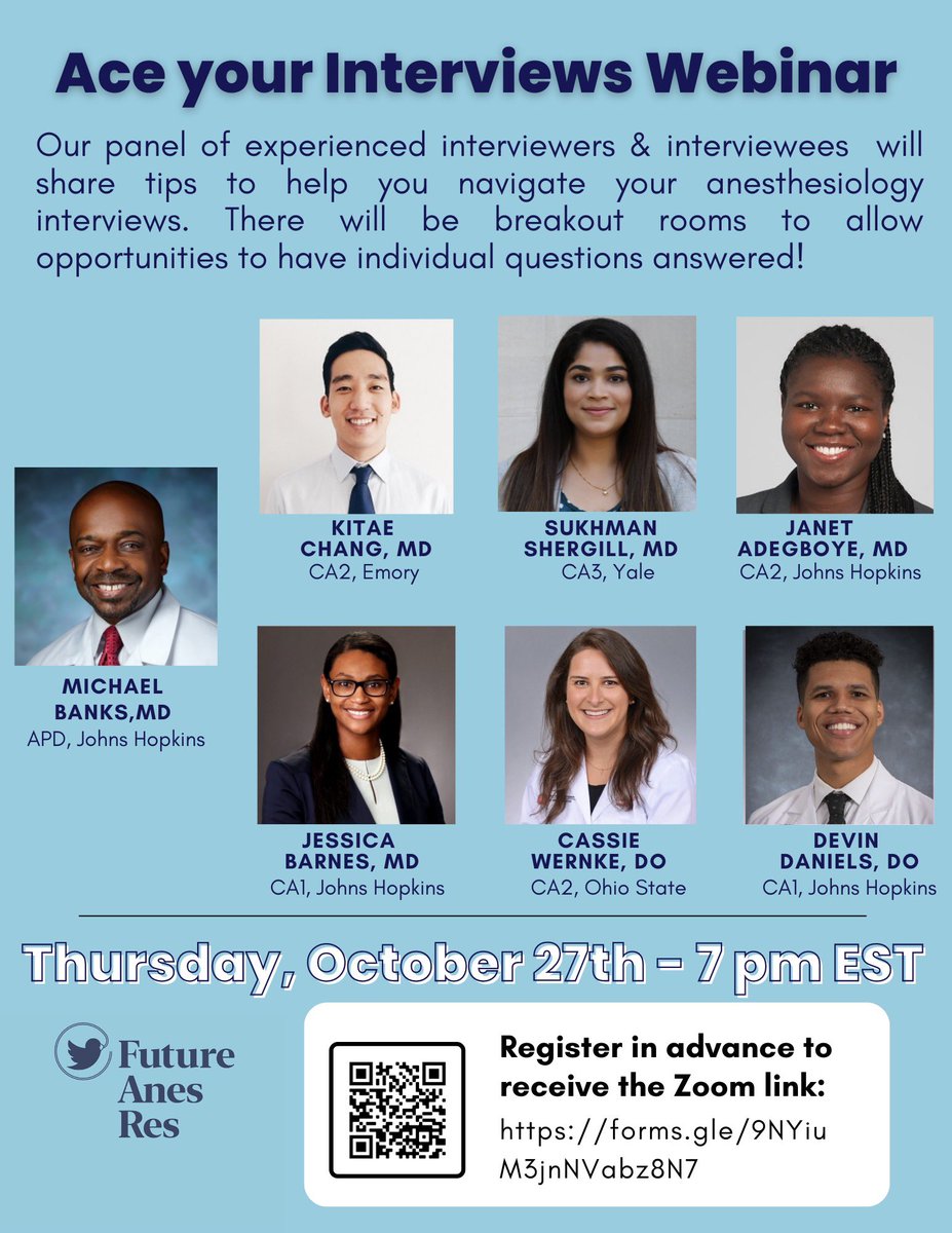 Calling all #Match2023 anesthesiology applicants — don’t miss our upcoming webinar to help you prepare for interviews! Registration required: forms.gle/9NYiuM3jnNVabz…