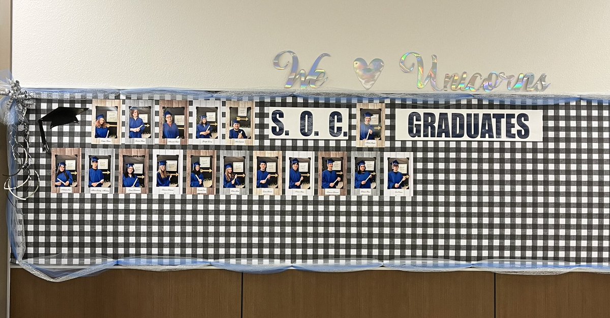 SOC_Counselor's tweet photo. Look at those graduates!!!   The graduate wall is looking great!! 17 students &amp; counting…. 💙🤍🦄🤍💙 @NewBraunfelsISD https://t.co/6w9zewPnvX