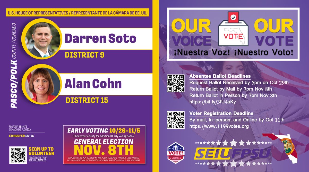 SEIU FPSU (@seiu_fpsu) on Twitter photo PASCO/POLK COUNTY
Voter Registration Deadline
By mail, In-person, and Online by Oct 11th 
1199votes.org
Absentee Ballot Deadlines 
Request Ballot Received by 5pm on Oct 29th 
Return Ballot by Mail/ in person by 7pm Nov 8th 
1199votes.org/.../request-yo… PASCO/POLK COUNTY
Voter Registration Deadline
By mail, In-person, and Online by Oct 11th 
1199votes.org
Absentee Ballot Deadlines 
Request Ballot Received by 5pm on Oct 29th 
Return Ballot by Mail/ in person by 7pm Nov 8th 
1199votes.org/.../request-yo…