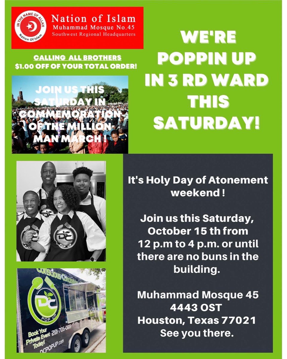 DCPopUpTruck's tweet photo. DC Pop Up is Poppin Up This Saturday for Holy Day of Atonement Weekend!! We’ll be at Muhammad Mosque No. 45 (4443 Old Spanish Trail) from 12-4pm or until there are no buns in the building!!
#DCPopUp #keepitcreole #DivineCreations #MillionManMarch #HDOA22 #Farrakhan https://t.co/JEq5U03giY