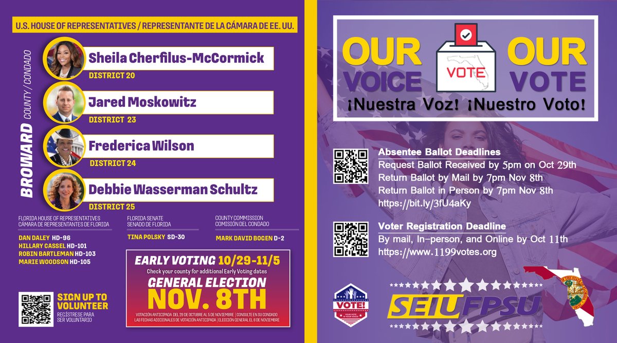 SEIU FPSU (@seiu_fpsu) on Twitter photo BROWARD COUNTY
Voter Registration Deadline
By mail, In-person, and Online by Oct 11th 
1199votes.org
Absentee Ballot Deadlines 
Request Ballot Received by 5pm on Oct 29th 
Return Ballot by Mail/ in person by 7pm Nov 8th 
1199votes.org/.../request-yo… BROWARD COUNTY
Voter Registration Deadline
By mail, In-person, and Online by Oct 11th 
1199votes.org
Absentee Ballot Deadlines 
Request Ballot Received by 5pm on Oct 29th 
Return Ballot by Mail/ in person by 7pm Nov 8th 
1199votes.org/.../request-yo…