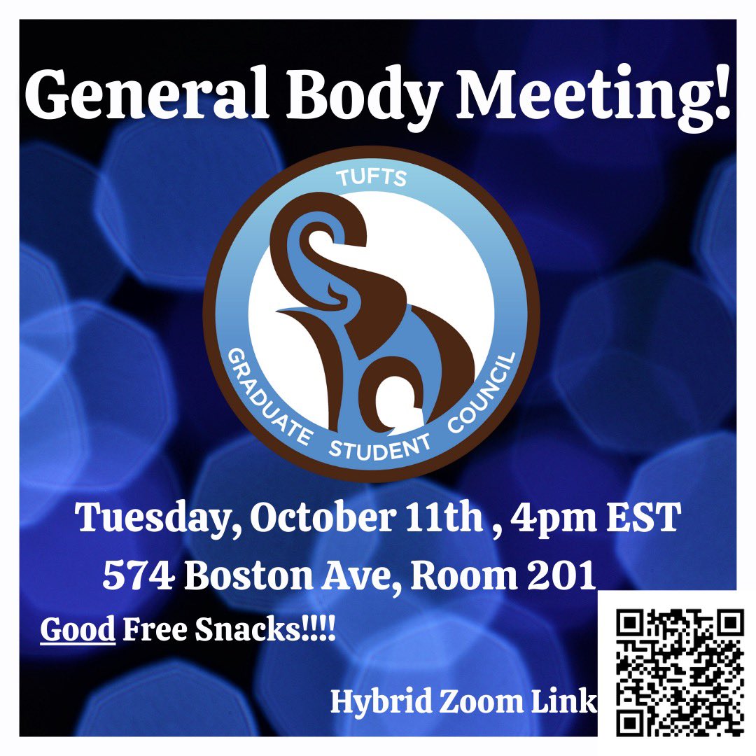 Happy Fall! We have our October General Body Meeting TODAY on October 11th. This will be in 574 Boston Ave, Room 201 or virtual through zoom at 4pm! We will have news to share and seasonal snacks to eat! Link: tufts.zoom.us/j/94040426857?…